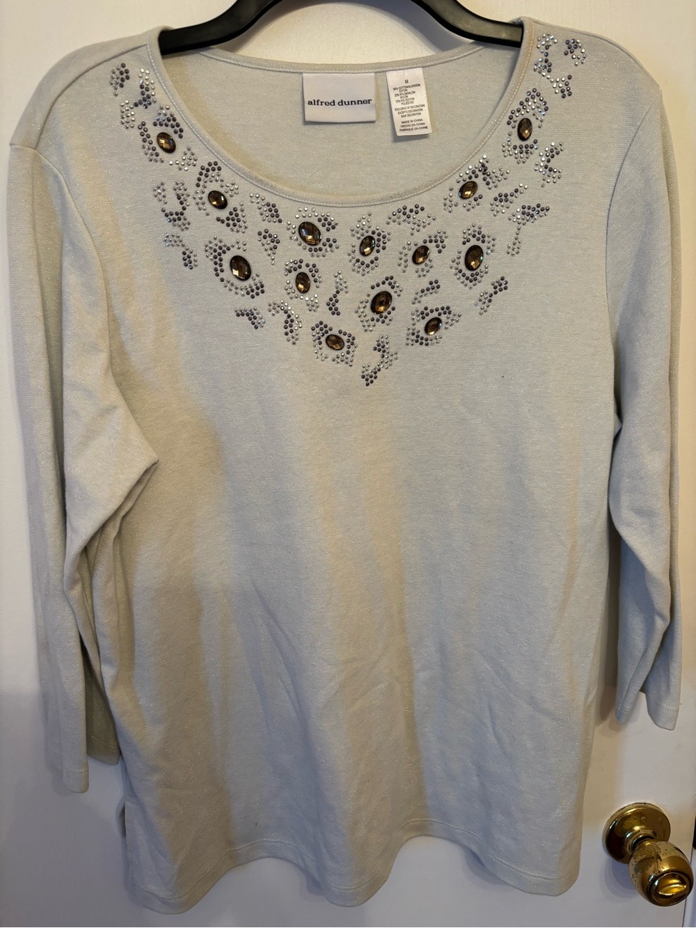 Alfred Dunner Light Gray Embellished Scoop-Neck Long Sleeve Top